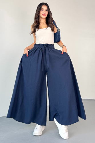 PNT-07410 Lacivert Dokuma Kuşaklı Şalvar Etek Pantolon - 7