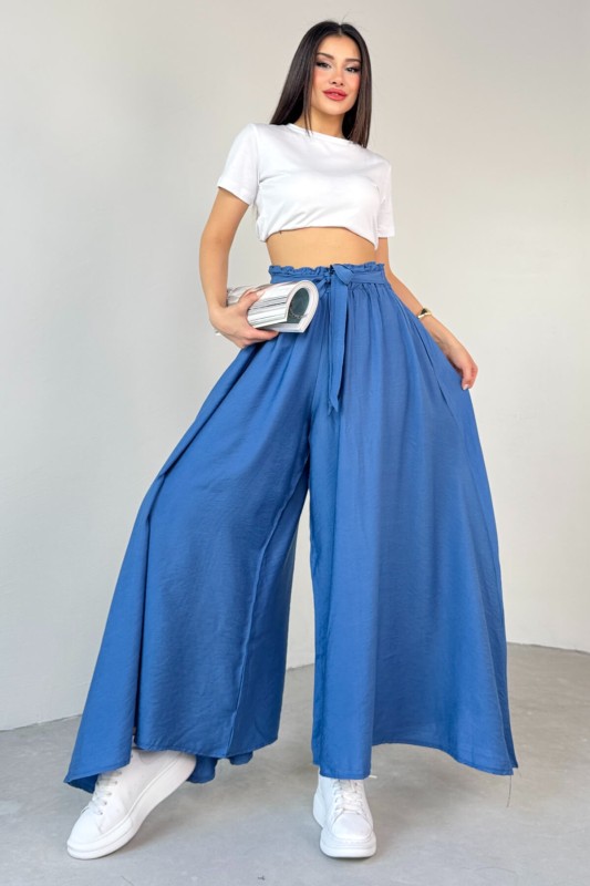 PNT-07410 Mavi Dokuma Kuşaklı Şalvar Etek Pantolon