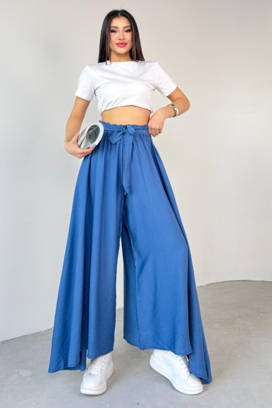 PNT-07410 Mavi Dokuma Kuşaklı Şalvar Etek Pantolon