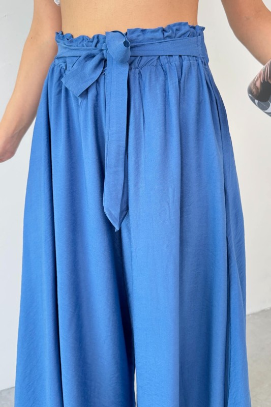 PNT-07410 Mavi Dokuma Kuşaklı Şalvar Etek Pantolon
