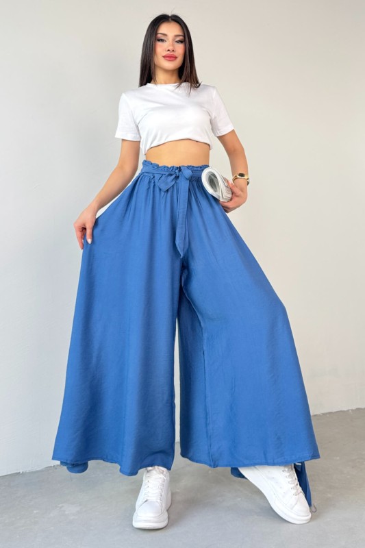 PNT-07410 Mavi Dokuma Kuşaklı Şalvar Etek Pantolon