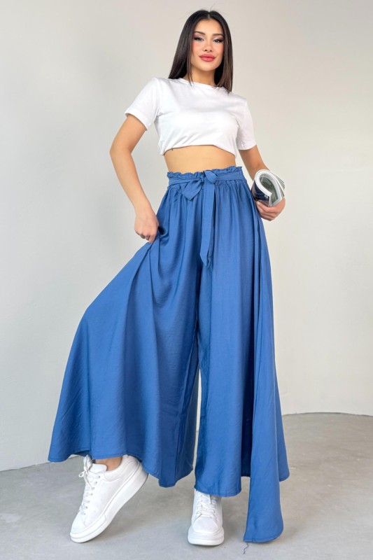 PNT-07410 Mavi Dokuma Kuşaklı Şalvar Etek Pantolon