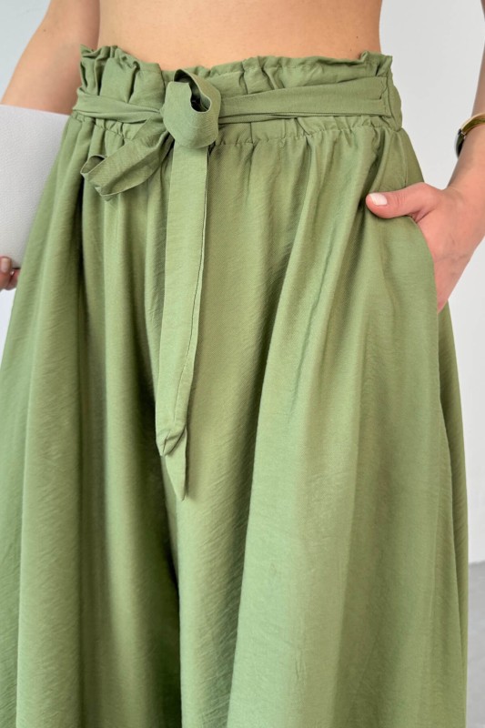 PNT-07410 Mint Yeşili Dokuma Kuşaklı Şalvar Etek Pantolon