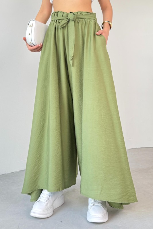 PNT-07410 Mint Yeşili Dokuma Kuşaklı Şalvar Etek Pantolon