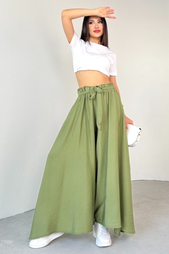 PNT-07410 Mint Yeşili Dokuma Kuşaklı Şalvar Etek Pantolon - Thumbnail