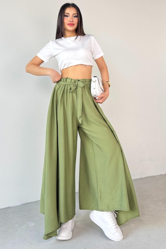 PNT-07410 Mint Yeşili Dokuma Kuşaklı Şalvar Etek Pantolon