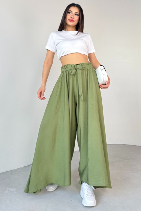 PNT-07410 Mint Yeşili Dokuma Kuşaklı Şalvar Etek Pantolon