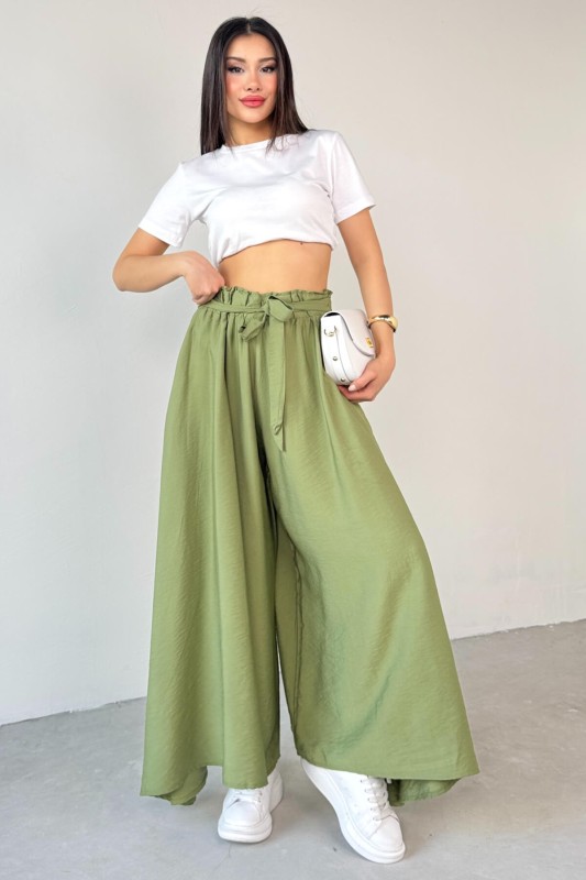 PNT-07410 Mint Yeşili Dokuma Kuşaklı Şalvar Etek Pantolon