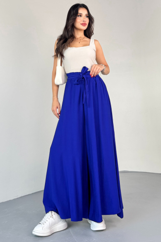 PNT-07410 Saks Mavi Dokuma Kuşaklı Şalvar Etek Pantolon - 2