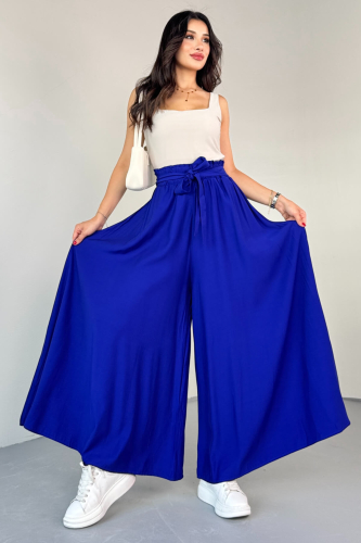 PNT-07410 Saks Mavi Dokuma Kuşaklı Şalvar Etek Pantolon - 3