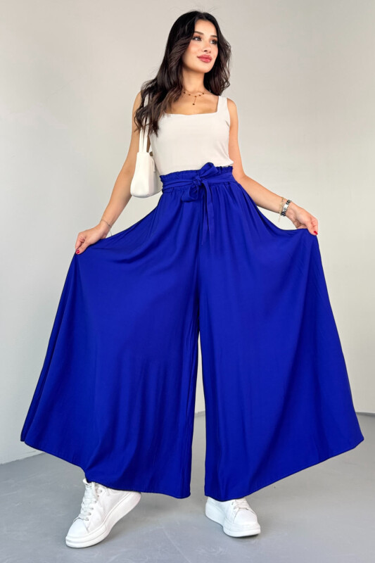 PNT-07410 Saks Mavi Dokuma Kuşaklı Şalvar Etek Pantolon - 3