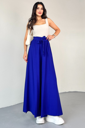 PNT-07410 Saks Mavi Dokuma Kuşaklı Şalvar Etek Pantolon - 4
