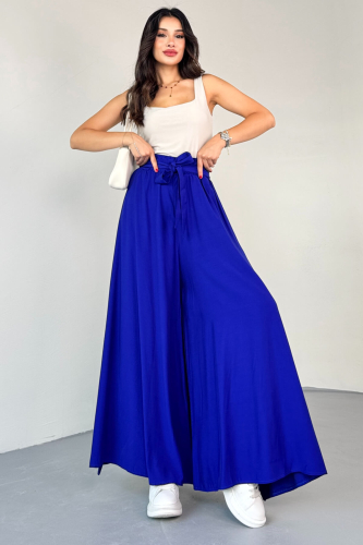 PNT-07410 Saks Mavi Dokuma Kuşaklı Şalvar Etek Pantolon 