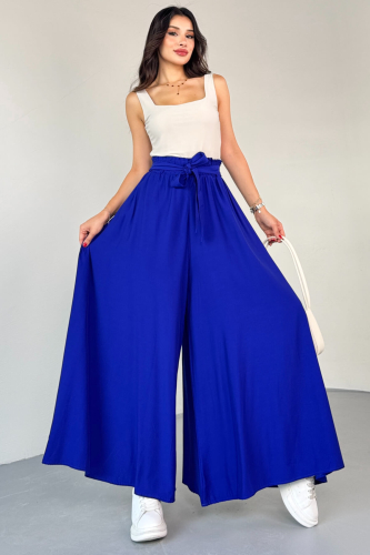 PNT-07410 Saks Mavi Dokuma Kuşaklı Şalvar Etek Pantolon - 5