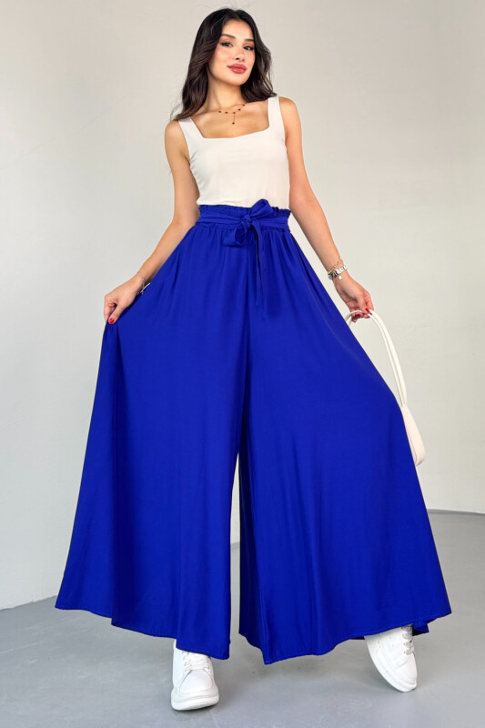 PNT-07410 Saks Mavi Dokuma Kuşaklı Şalvar Etek Pantolon - 5
