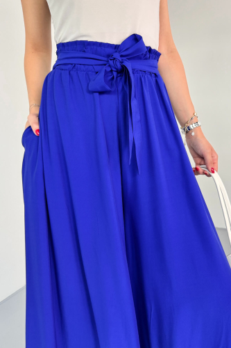 PNT-07410 Saks Mavi Dokuma Kuşaklı Şalvar Etek Pantolon - 6