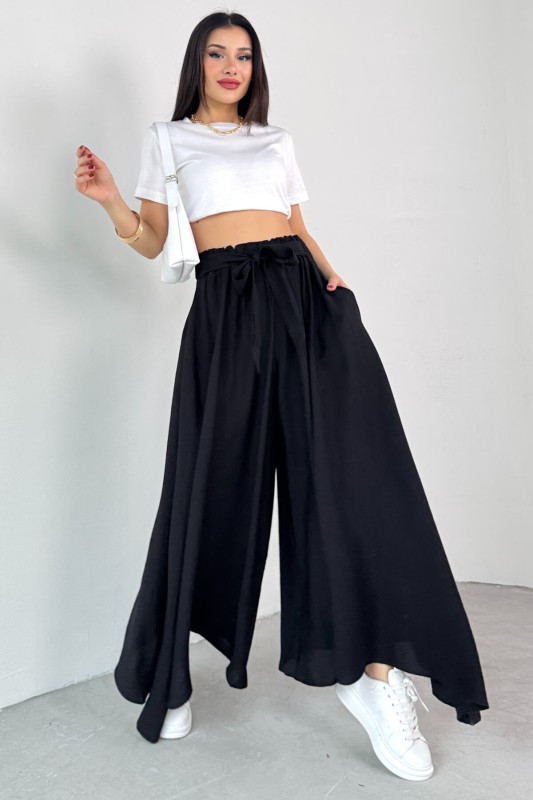 PNT-07410 Siyah Dokuma Kuşaklı Şalvar Etek Pantolon