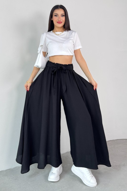 PNT-07410 Siyah Dokuma Kuşaklı Şalvar Etek Pantolon