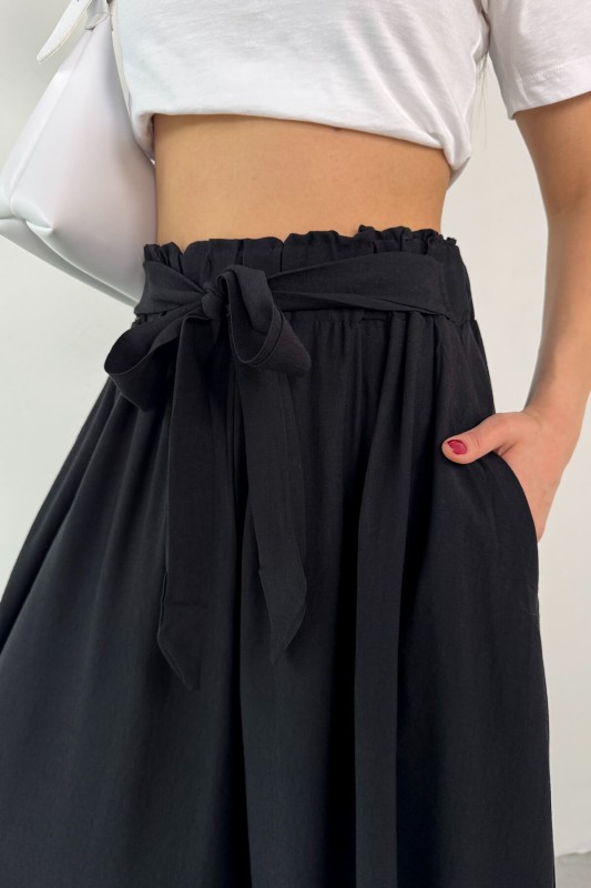 PNT-07410 Siyah Dokuma Kuşaklı Şalvar Etek Pantolon
