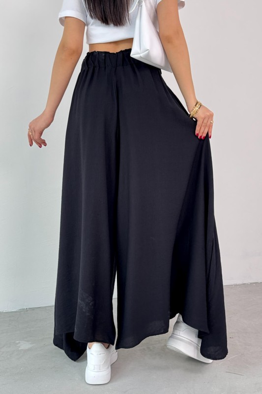 PNT-07410 Siyah Dokuma Kuşaklı Şalvar Etek Pantolon