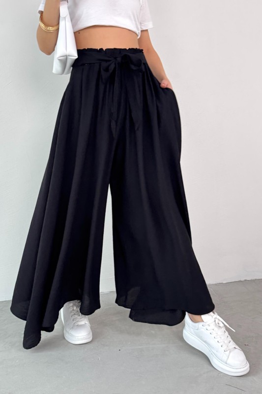 PNT-07410 Siyah Dokuma Kuşaklı Şalvar Etek Pantolon