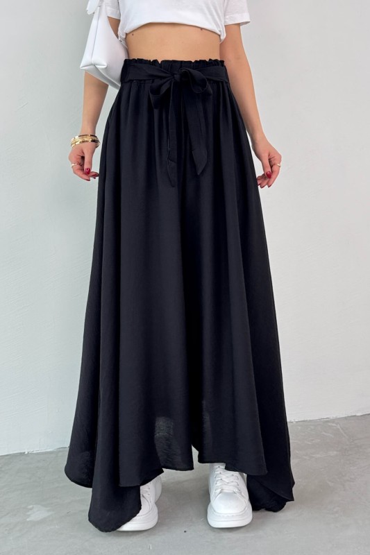 PNT-07410 Siyah Dokuma Kuşaklı Şalvar Etek Pantolon