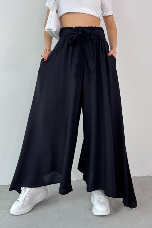 PNT-07410 Siyah Dokuma Kuşaklı Şalvar Etek Pantolon