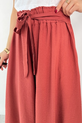 Cappmoda - PNT-07410 Tarçın Rengi Dokuma Kuşaklı Şalvar Etek Pantolon (1)