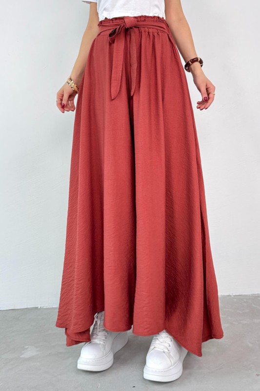 PNT-07410 Tarçın Rengi Dokuma Kuşaklı Şalvar Etek Pantolon