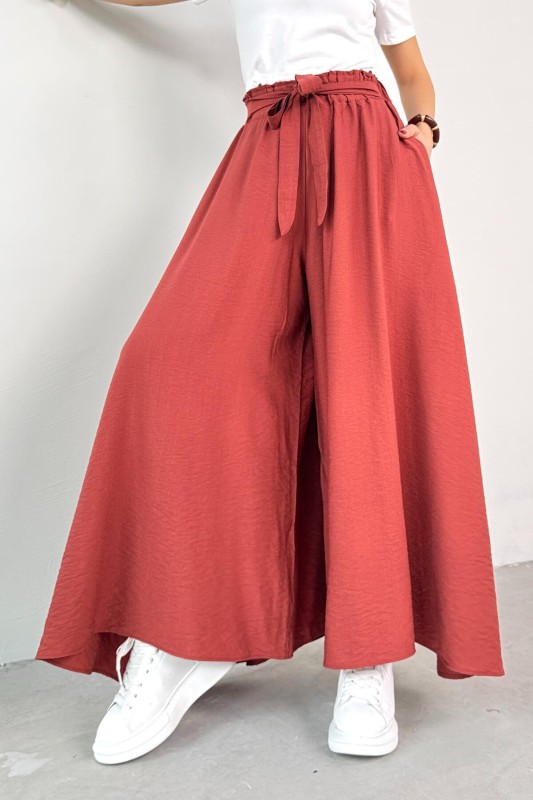 PNT-07410 Tarçın Rengi Dokuma Kuşaklı Şalvar Etek Pantolon
