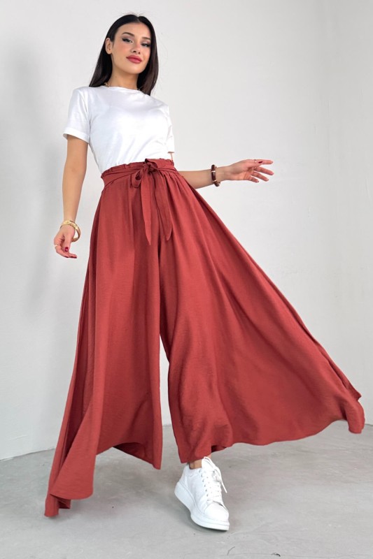 PNT-07410 Tarçın Rengi Dokuma Kuşaklı Şalvar Etek Pantolon
