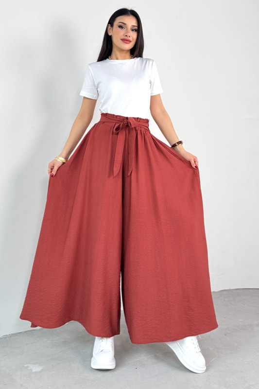 PNT-07410 Tarçın Rengi Dokuma Kuşaklı Şalvar Etek Pantolon