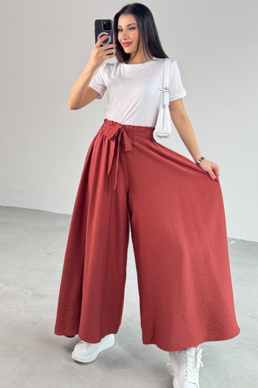 PNT-07410 Tarçın Rengi Dokuma Kuşaklı Şalvar Etek Pantolon