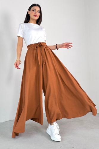 PNT-07410 Tarçın Rengi Dokuma Kuşaklı Şalvar Etek Pantolon 