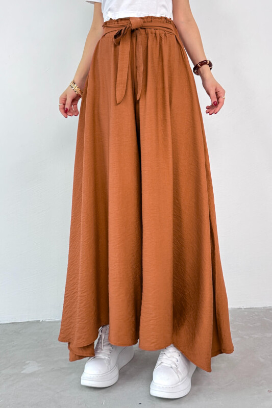 PNT-07410 Tarçın Rengi Dokuma Kuşaklı Şalvar Etek Pantolon - 3