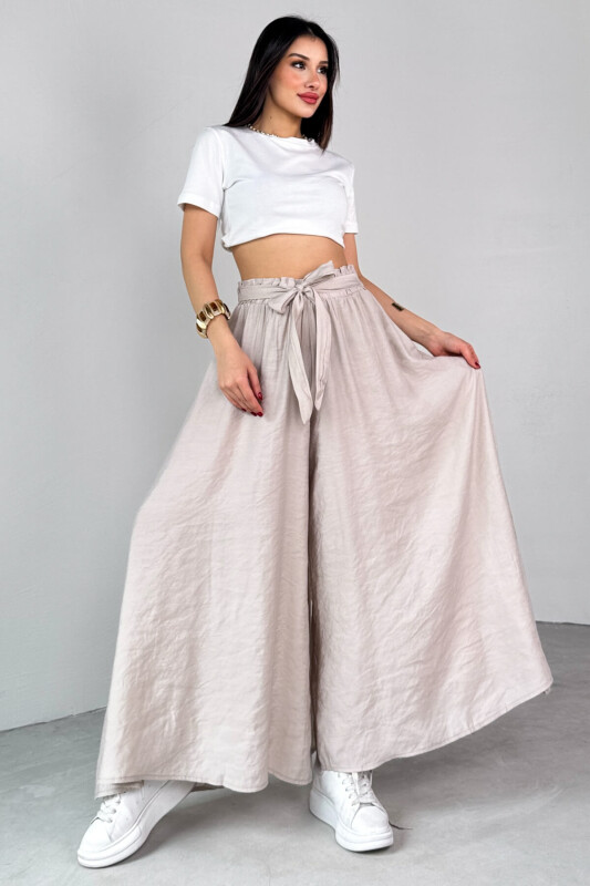 PNT-07410 Taş Rengi Dokuma Kuşaklı Şalvar Etek Pantolon - 4