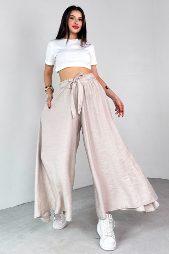 PNT-07410 Taş Rengi Dokuma Kuşaklı Şalvar Etek Pantolon - 2