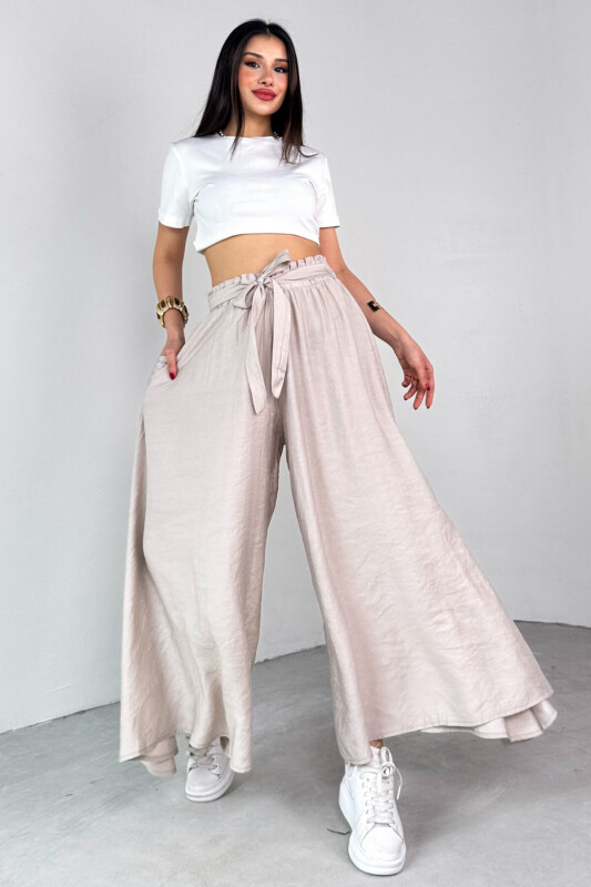 PNT-07410 Taş Rengi Dokuma Kuşaklı Şalvar Etek Pantolon - 2