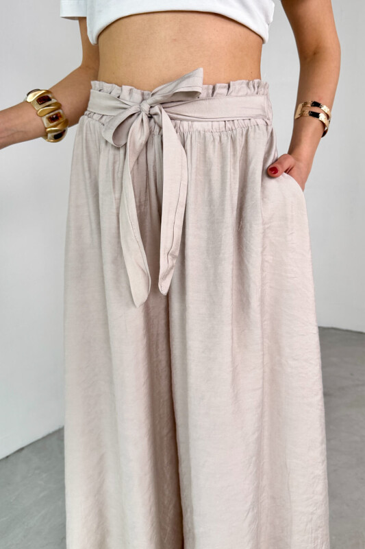 PNT-07410 Taş Rengi Dokuma Kuşaklı Şalvar Etek Pantolon - 5