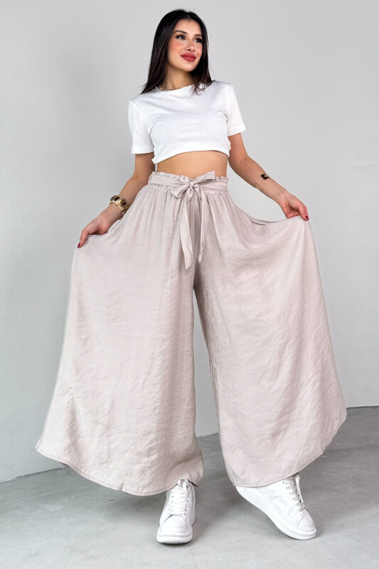 PNT-07410 Taş Rengi Dokuma Kuşaklı Şalvar Etek Pantolon - 6