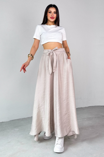 PNT-07410 Taş Rengi Dokuma Kuşaklı Şalvar Etek Pantolon 