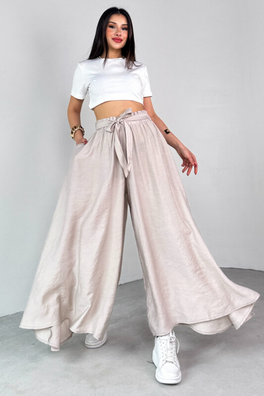 PNT-07410 Taş Rengi Dokuma Kuşaklı Şalvar Etek Pantolon - 7