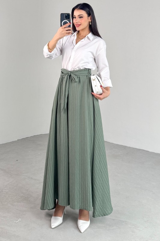 PNT-07411 Haki Çizgili Dokuma Şalvar Etek Pantolon