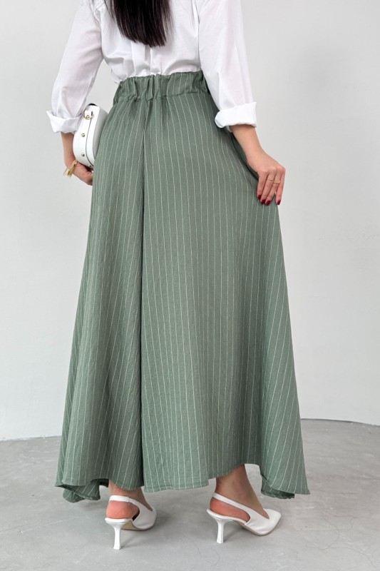 PNT-07411 Haki Çizgili Dokuma Şalvar Etek Pantolon