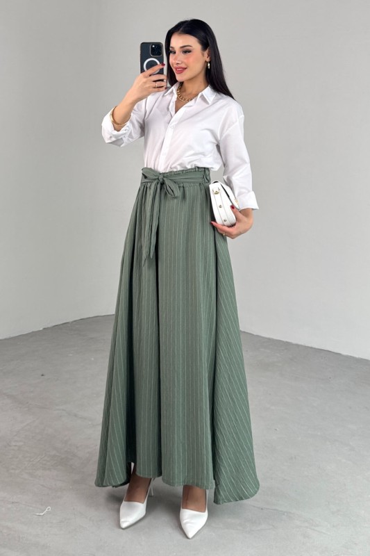 PNT-07411 Haki Çizgili Dokuma Şalvar Etek Pantolon