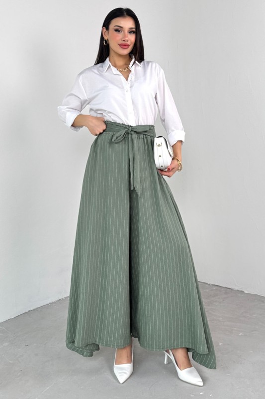PNT-07411 Haki Çizgili Dokuma Şalvar Etek Pantolon