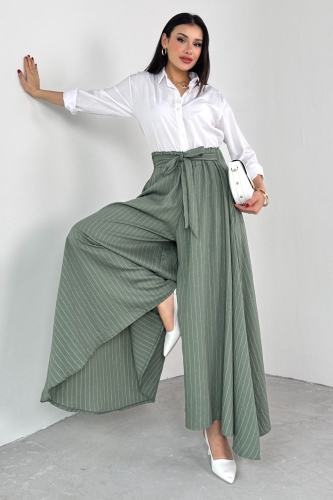 Cappmoda - PNT-07411 Haki Çizgili Dokuma Şalvar Etek Pantolon (1)