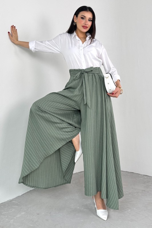 PNT-07411 Haki Çizgili Dokuma Şalvar Etek Pantolon