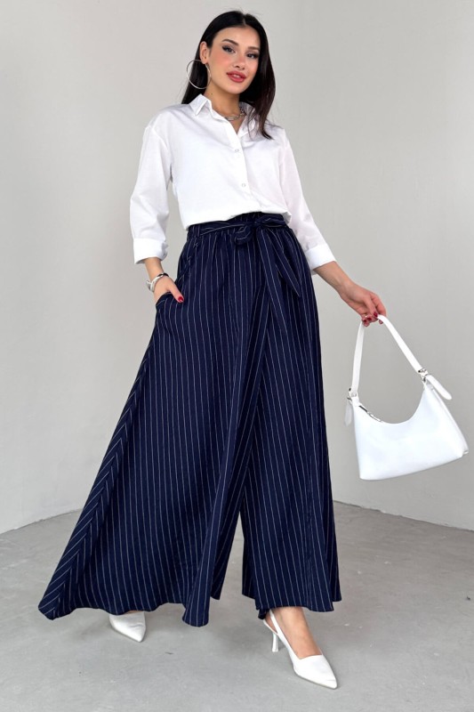 PNT-07411 Lacivert Çizgili Dokuma Şalvar Etek Pantolon