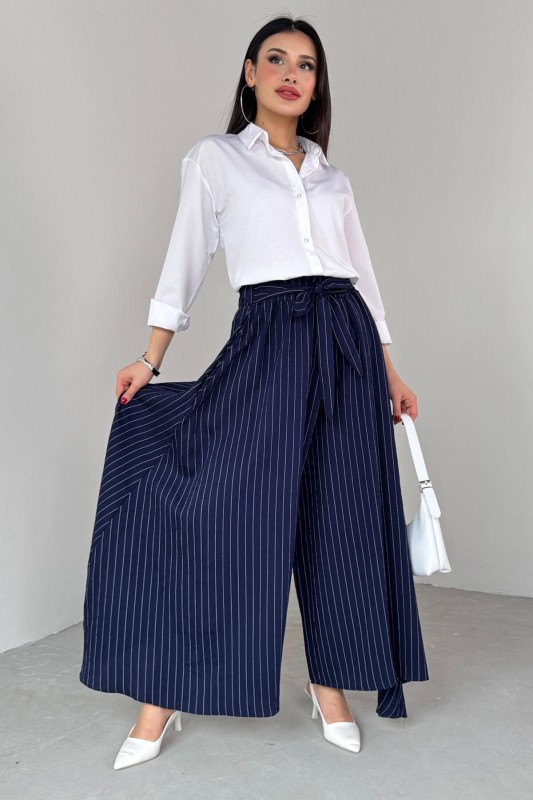 PNT-07411 Lacivert Çizgili Dokuma Şalvar Etek Pantolon